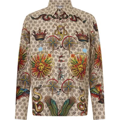 Philipp Plein Silk Pajamas Shirt Monogram Tattoo Beige M Philipp Plein Silk Pajamas Shirt Monogram Tattoo Beige M