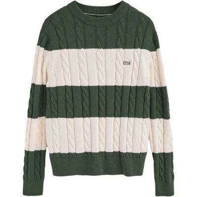 Strickpullover schlammgrün und ecru gestreift mit Zopfmuster und Polo Club-Patch Weiß Grün 2XL Strickpullover schlammgrün und ecru gestreift mit Zopfmuster und Polo Club-Patch Weiß Grün 2XL