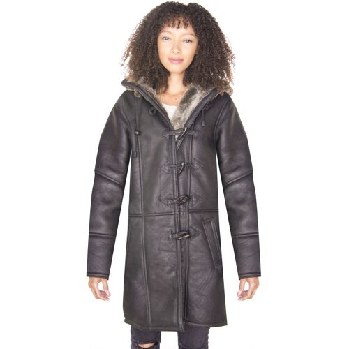 Infinity Leather Damen Dufflecoat aus schwarzem Lammfell mit Kapuze-Lille Schwarz EU 52 / UK 24