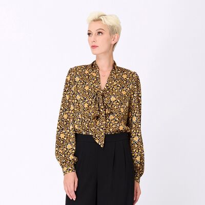 Smart & Joy Bluse mit Ascot-Krawatte und Art-Deco-Print Senf XS Smart & Joy Bluse mit Ascot-Krawatte und Art-Deco-Print Senf XS
