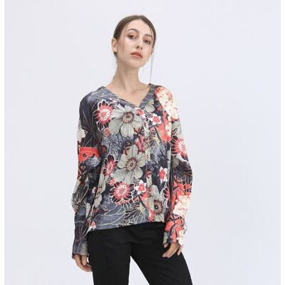Smart & Joy Bluse mit Makro-Blumenmuster und V-Ausschnitt Mehrfarben M Smart & Joy Bluse mit Makro-Blumenmuster und V-Ausschnitt Mehrfarben M