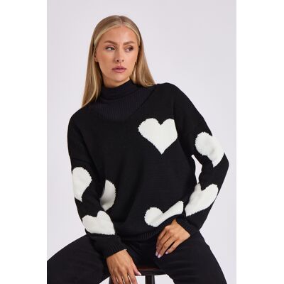 Gini London Schwarzer, übergroßer herzförmiger Strickpullover mit V-Ausschnitt Schwarz S/M Gini London Schwarzer, übergroßer herzförmiger Strickpullover mit V-Ausschnitt Schwarz S/M