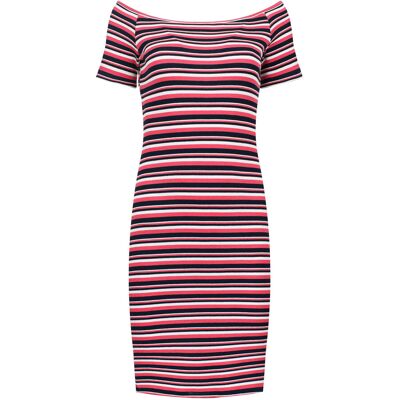 Conquista Gestreiftes Schulterfreies Enges Kleid - Rot und Schwarz Mehrfarben L Conquista Gestreiftes Schulterfreies Enges Kleid - Rot und Schwarz Mehrfarben L