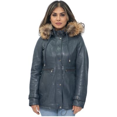 Infinity Leather Damen-Parkajacke aus Leder mit Kapuze – Putian Marine EU 46 / UK 18 Infinity Leather Damen-Parkajacke aus Leder mit Kapuze – Putian Marine EU 46 / UK 18