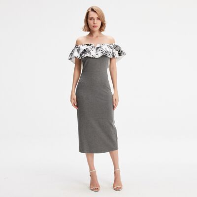 Smart & Joy Bi-Material Bodycon Kleid mit Off-Shoulder bedruckt Grau M Smart & Joy Bi-Material Bodycon Kleid mit Off-Shoulder bedruckt Grau M