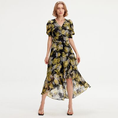 Smart & Joy Linear Flower Print Kleid mit tiefem Saum Schwarz XS Smart & Joy Linear Flower Print Kleid mit tiefem Saum Schwarz XS