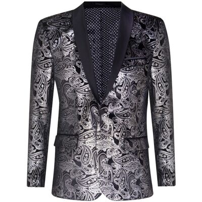 TruClothing Klassischer Smoking-Blazer aus schwarzem Samt mit silbernem Paisley-Muster für Herren Schwarz 46 (Brust) TruClothing Klassischer Smoking-Blazer aus schwarzem Samt mit silbernem Paisley-Muster für Herren Schwarz 46 (Brust)