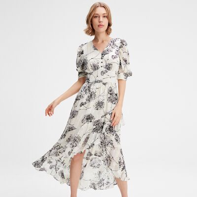 Smart & Joy Linear Flower Print Kleid mit tiefem Saum Weiß XS Smart & Joy Linear Flower Print Kleid mit tiefem Saum Weiß XS