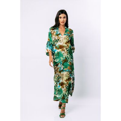 Conquista Maxikleid im Kaftan-Stil mit Tiermuster Grün L Conquista Maxikleid im Kaftan-Stil mit Tiermuster Grün L