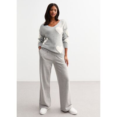 Gini London Grauer Pullover mit V-Ausschnitt und übergroßem Herzmuster Grau M/L Gini London Grauer Pullover mit V-Ausschnitt und übergroßem Herzmuster Grau M/L