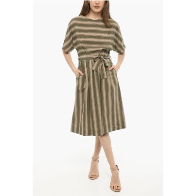 Woolrich Bayadere Gestreiftes SCULLY Maxikleid mit Gürtel in Beige, Verde Beige L Woolrich Bayadere Gestreiftes SCULLY Maxikleid mit Gürtel in Beige, Verde Beige L