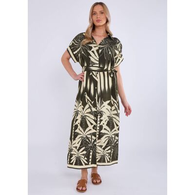 Gini London Khaki Tropical Print Midi-Hemdkleid Khaki S/M Gini London Khaki Tropical Print Midi-Hemdkleid Khaki S/M