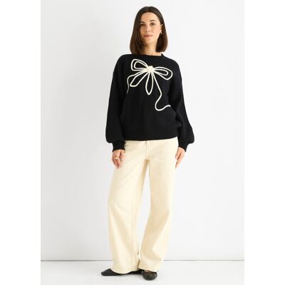 Gini London Schwarzer Pullover mit Kontrastschleifenmuster in Übergröße Schwarz M/L Gini London Schwarzer Pullover mit Kontrastschleifenmuster in Übergröße Schwarz M/L