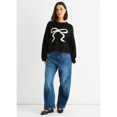 Gini London Schwarzer Kurzstrickpullover mit geprägter Kontrastschleife Schwarz M/L Gini London Schwarzer Kurzstrickpullover mit geprägter Kontrastschleife Schwarz M/L