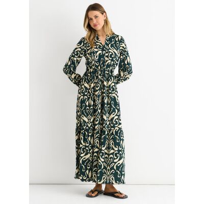 Gini London Grünes Ikat-Print Maxikleid mit gebundener Taille Grün S/M Gini London Grünes Ikat-Print Maxikleid mit gebundener Taille Grün S/M
