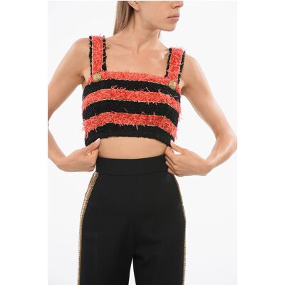 Balmain Zweifarbig gestreiftes Tweed-Crop-Top in Nero, Rosso Schwarz Rot EU 36 / IT 40 Balmain Zweifarbig gestreiftes Tweed-Crop-Top in Nero, Rosso Schwarz Rot EU 36 / IT 40