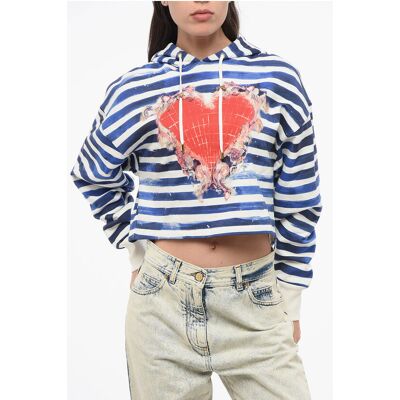Balmain Zweifarbig gestreifter Cropped Hoodie mit Herz-Print in Bianco, Blu Weiß Blau M Balmain Zweifarbig gestreifter Cropped Hoodie mit Herz-Print in Bianco, Blu Weiß Blau M