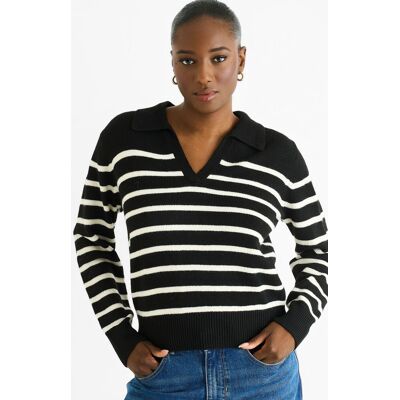 Gini London Schwarzer Strickpullover mit V-Ausschnitt und Recycling-Streifen Schwarz S/M Gini London Schwarzer Strickpullover mit V-Ausschnitt und Recycling-Streifen Schwarz S/M