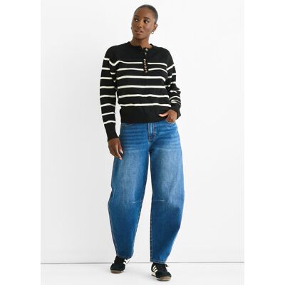 Gini London Schwarz Gestreifter Recycling-Knopf-Style Locker Sitzender Strickpullover Schwarz S/M Gini London Schwarz Gestreifter Recycling-Knopf-Style Locker Sitzender Strickpullover Schwarz S/M