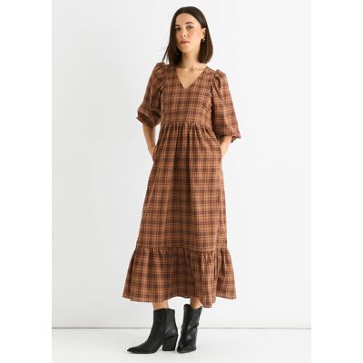 Gini London Braunes Baumwoll-Midi-Kleid mit Puffärmeln und V-Ausschnitt Braun EU 42 / UK 14 Gini London Braunes Baumwoll-Midi-Kleid mit Puffärmeln und V-Ausschnitt Braun EU 42 / UK 14