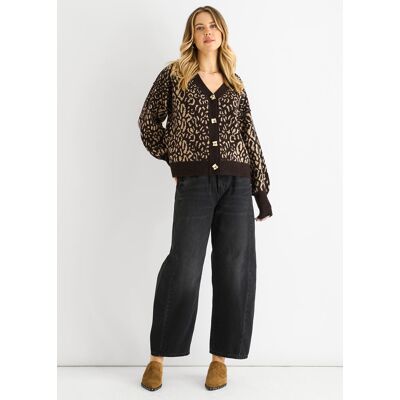 Gini London Schokoladenfarbiger Animal-Print-Wollmix-Cardigan-Look-Pullover Schokolade M/L Gini London Schokoladenfarbiger Animal-Print-Wollmix-Cardigan-Look-Pullover Schokolade M/L