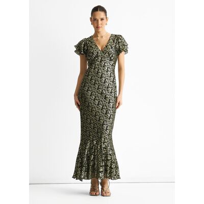 Gini London Dunkelgrünes Viskose-Clip-Gold-Jacquard-Maxikleid mit schrägem Schnitt Dunkelgrün EU 42 / UK 14 Gini London Dunkelgrünes Viskose-Clip-Gold-Jacquard-Maxikleid mit schrägem Schnitt Dunkelgrün EU 42 / UK 14