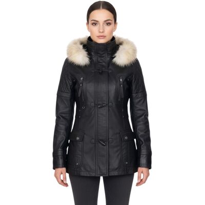 Infinity Leather Damen-Parka mit Steppung und Pelzkapuze, Schwarz, Lammleder – Duchess Schwarz EU 46 / UK 18 Infinity Leather Damen-Parka mit Steppung und Pelzkapuze, Schwarz, Lammleder – Duchess Schwarz EU 46 / UK 18