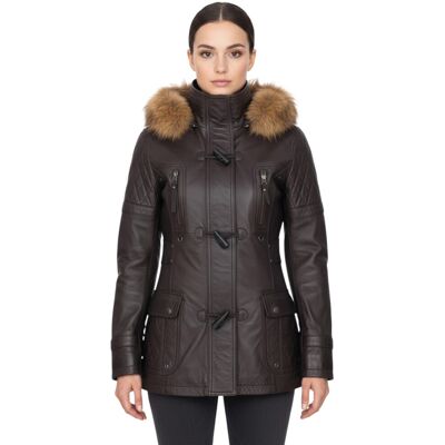 Infinity Leather Damen-Parka mit Steppung und Pelzkapuze aus braunem Lammleder – Duchess Braun EU 46 / UK 18 Infinity Leather Damen-Parka mit Steppung und Pelzkapuze aus braunem Lammleder – Duchess Braun EU 46 / UK 18