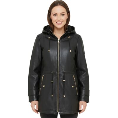 Infinity Leather Schwarzer Lederparka für Damen mit abnehmbarer Borg-Kapuze, Trenchcoat – Emilia Schwarz EU 44 / UK 16 Infinity Leather Schwarzer Lederparka für Damen mit abnehmbarer Borg-Kapuze, Trenchcoat – Emilia Schwarz EU 44 / UK 16