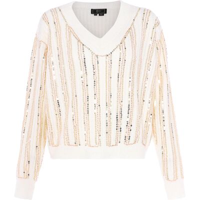 Faina Strickpullover mit Pailletten Damen Wollweiß Cremefarben M/L Faina Strickpullover mit Pailletten Damen Wollweiß Cremefarben M/L