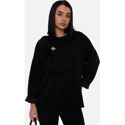 Gini London Schwarzes Pullover-Top mit kontrastierender Schleife in Übergröße Schwarz S/M Gini London Schwarzes Pullover-Top mit kontrastierender Schleife in Übergröße Schwarz S/M
