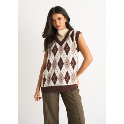 Gini London Pullover mit Argyle-Strickweste in Schokolade Schokolade M/L Gini London Pullover mit Argyle-Strickweste in Schokolade Schokolade M/L