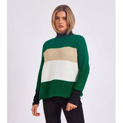 Gini London Gestreifter Strickpullover mit Schlitzausschnitt in Übergröße Grün M/L Gini London Gestreifter Strickpullover mit Schlitzausschnitt in Übergröße Grün M/L