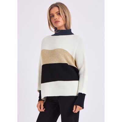 Gini London Gestreifter Strickpullover mit Schlitzausschnitt in Übergröße Creme M/L Gini London Gestreifter Strickpullover mit Schlitzausschnitt in Übergröße Creme M/L