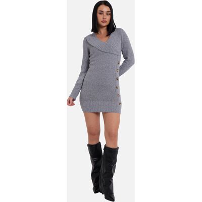 Gini London Graues Wickelstrick-Mini-Pullover-Kleid mit Knopfleiste Grau EU 38 / UK 10 Gini London Graues Wickelstrick-Mini-Pullover-Kleid mit Knopfleiste Grau EU 38 / UK 10
