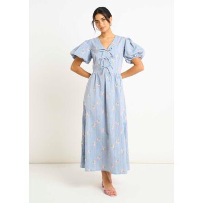 Gini London Blaues Baumwollmix-Krawattenkleid mit Puffärmeln Blau EU 36 / UK 8 Gini London Blaues Baumwollmix-Krawattenkleid mit Puffärmeln Blau EU 36 / UK 8