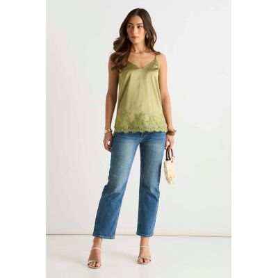 Gini London Khakifarbenes Cami-Top mit Spitzenbesatz aus Satin Khaki EU 42 / UK 14 Gini London Khakifarbenes Cami-Top mit Spitzenbesatz aus Satin Khaki EU 42 / UK 14