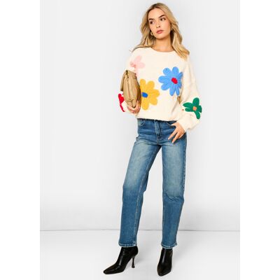 Gini London Creme 3D Blume gehäkelt gestrickt Pullover Creme S/M Gini London Creme 3D Blume gehäkelt gestrickt Pullover Creme S/M