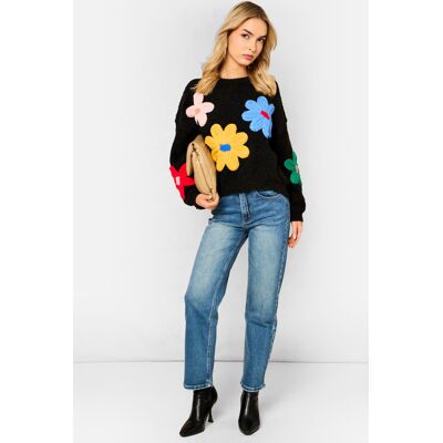 Gini London Schwarzer, gehäkelter 3D-Blumenpullover Schwarz M/L Gini London Schwarzer, gehäkelter 3D-Blumenpullover Schwarz M/L