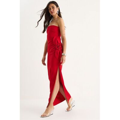 Bianco Lucci Trägerloses Blumenkleid Maxi mit Schleifendetail Rot XS Bianco Lucci Trägerloses Blumenkleid Maxi mit Schleifendetail Rot XS