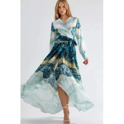 MSN Collection Maxikleid mit abstraktem Druck und langen Ärmeln sowie Bindegürtel Grün XL MSN Collection Maxikleid mit abstraktem Druck und langen Ärmeln sowie Bindegürtel Grün XL
