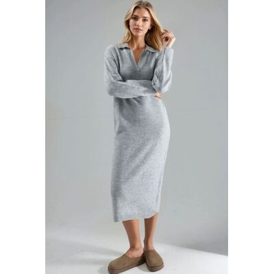 MyFashion Rippstrick-Polo-Kragen Maxi-Strickkleid Grau Einheitsgröße MyFashion Rippstrick-Polo-Kragen Maxi-Strickkleid Grau Einheitsgröße