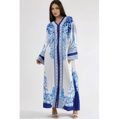 MSN Collection Gemustertes Maxikleid mit V-Ausschnitt Blau M MSN Collection Gemustertes Maxikleid mit V-Ausschnitt Blau M