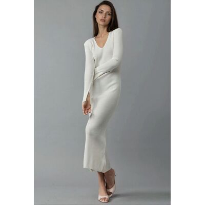 MyFashion V-Ausschnitt Strukturierte Maxi-Strickkleid mit Schlitz Cremefarben Einheitsgröße MyFashion V-Ausschnitt Strukturierte Maxi-Strickkleid mit Schlitz Cremefarben Einheitsgröße
