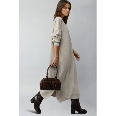 MyFashion Strukturierter gerippter langer Strickkleid mit Schlitzdetails Stein Einheitsgröße MyFashion Strukturierter gerippter langer Strickkleid mit Schlitzdetails Stein Einheitsgröße