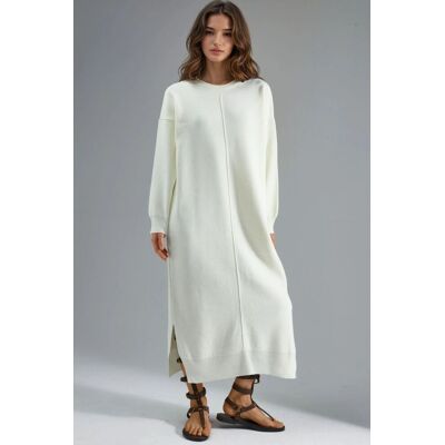 MyFashion Strukturierte gestreifte langärmelige Strickkleid mit Schlitzdetail Cremefarben Einheitsgröße MyFashion Strukturierte gestreifte langärmelige Strickkleid mit Schlitzdetail Cremefarben Einheitsgröße