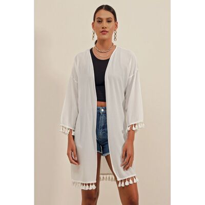 Big Dart Midi Strand-Kimono mit Pompom-Detail Weiß S Big Dart Midi Strand-Kimono mit Pompom-Detail Weiß S