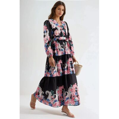 MSN Collection Blumen V-Ausschnitt Maxikleid mit Bindegürtel Schwarz L MSN Collection Blumen V-Ausschnitt Maxikleid mit Bindegürtel Schwarz L