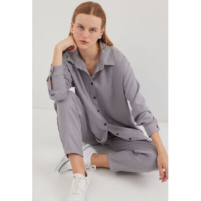 Big Dart Leinenmix Langarmhemd und Hose Set Grau S Big Dart Leinenmix Langarmhemd und Hose Set Grau S