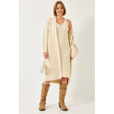 Bianco Lucci Strukturierter Strick V-Ausschnitt Cardigan-Kleid Zwei-teiliger Satz Beige S/M Bianco Lucci Strukturierter Strick V-Ausschnitt Cardigan-Kleid Zwei-teiliger Satz Beige S/M